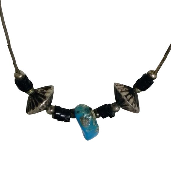1970s Sterling Silver Liquid Beads Turquoise Stone Statement Boho Necklace - Picture 3 of 3